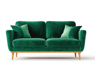 Emerald green velvet sofa with light green cushions