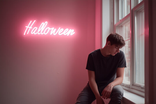 A contemplative young man sits by a window as pink neon "Halloween" glows on the wall.
