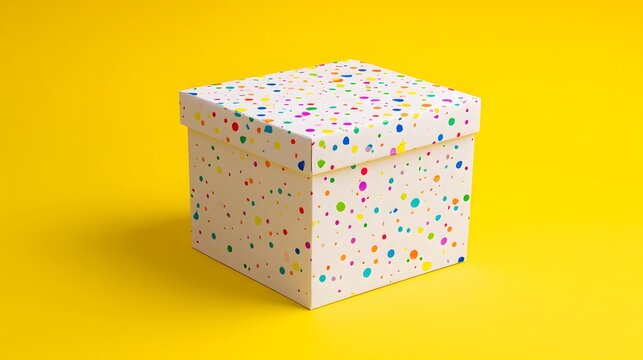 Colorful polka dot gift box on yellow background for celebration - Powered by Adobe