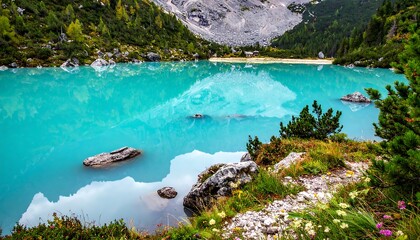 Turquoise alpine lake, surrounded by lush vegetation and rocky terrain