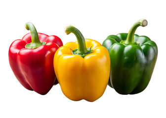Vibrant red yellow and green bell peppers arranged together against a stark black background