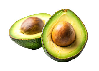 Vibrant green avocado halves revealing creamy flesh and large brown seed against a stark black background