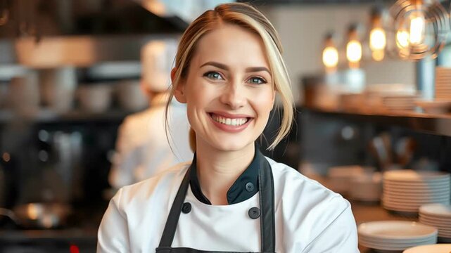 Smiling female chef wearing white uniform and black apron in professional restaurant kitchen with warm lighting and modern atmosphere