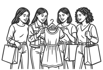 women shopping together and admiring dress, symbolizing friendship, fashion, modern lifestyle sketch engraving generative ai fictional character vector illustration. Scratch board. Black and white.