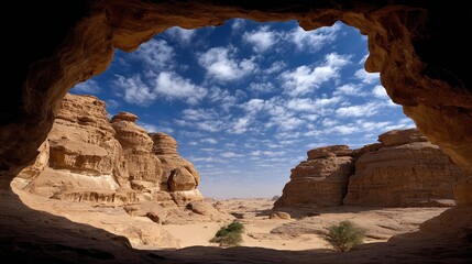 Desert landscape viewed through a rocky cave opening.