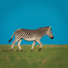 Obraz premium Graceful zebra strides across a vibrant green grassy field under a clear blue sky
