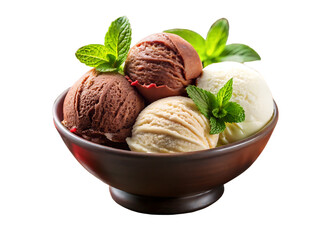 Rich and creamy assorted ice cream scoops adorned with fresh mint leaves in a rustic bowl