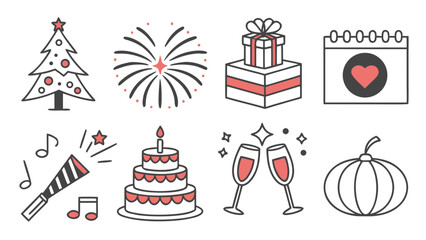 Festivals and celebrations icon set with Christmas, Diwali, Eid, Halloween, birthday, New Year, Valentine, and party flat vectors