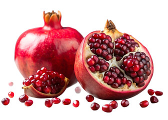 Vibrant ripe pomegranates one halved revealing jewel like arils scattered seeds on dark background