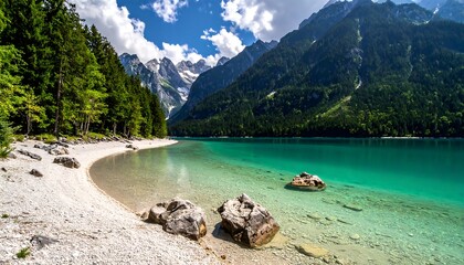 Serene mountain lake scene with crystal-clear water and pebble beach
