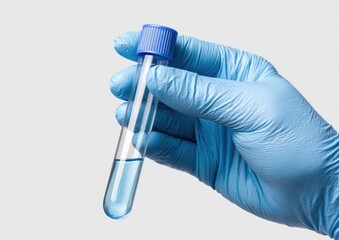 A hand in a light-blue nitrile glove holds a clear glass test tube filled with a light-blue liquid.  The tube has a matching blue cap