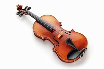 Polished wooden violin lying on a white background, representing music, classical instruments, and craftsmanship