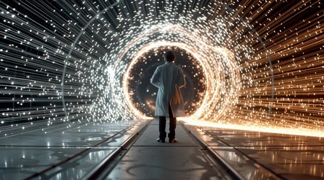Sleek, futuristic shot of a scientist observing a particle collision in a hadron collider, glowing subatomic trails forming a vibrant sphere, high-tech, awe-inspiring physics scene.