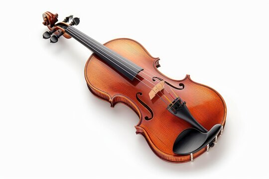 Polished wooden violin lying on a white background, representing music, classical instruments, and craftsmanship
