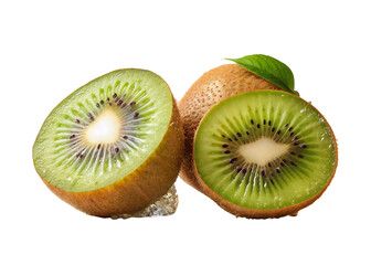 Vibrant green kiwi slices and whole fruit displayed against a stark black background