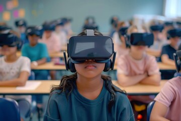 Diverse group of elementary school students experiencing immersive learning with vr headsets in modern classroom