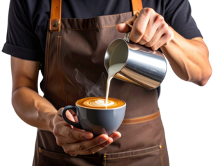 Barista Crafting Latte Art with Steaming Milk Pitcher, Front View, Isolated on Transparent Background