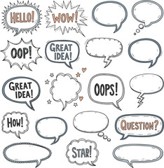 Isolated a kinds of deferent Set of hand-drawn speech bubbles. Speech balloon, frames, stylish, handwritten, doodle vector art with white background..