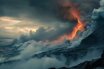 Fototapeta premium Molten lava erupts from a volcano, creating a dramatic scene with clouds and ocean at sunset
