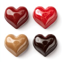Four heart-shaped chocolates in various colors