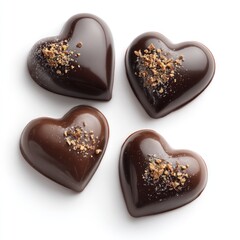 Four heart-shaped chocolates, dark brown, glossy, topped with nuts