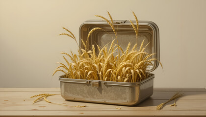 ai generator Image of an open food storage box containing golden wheat lying on the floor suitable for design work