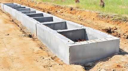 Concrete drainage channel system under construction near grass field and soil