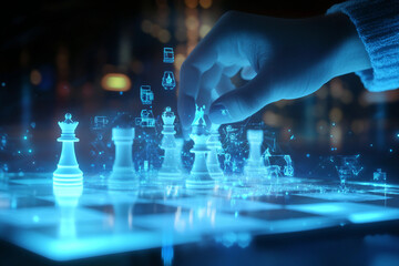 Hand playing futuristic holographic chess game with glowing digital pieces on virtual board, generative ai