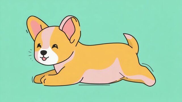 Cute Cartoon Corgi Puppy Running on Teal Background with Pink Accents animal