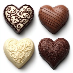 Four heart-shaped chocolates, arranged in a grid. Two are dark chocolate,  with decorative swirls. Two are white chocolate, also with intricate swirls