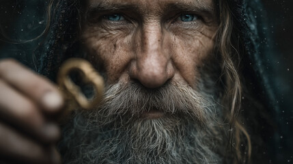 A detailed portrait of an elderly man in a hood with wrinkled skin, gray beard and piercing gaze, embodying wisdom, experience, depth and mystical mystery.