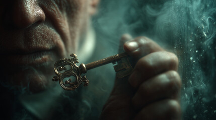 Close-up of a weathered elderly face and hand holding an ornate antique key amid swirling smoke, evoking mystery, wisdom, discovery and the safeguarding of secrets.