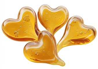 Four amber heart-shaped capsules, translucent and filled with liquid, arranged in a cluster