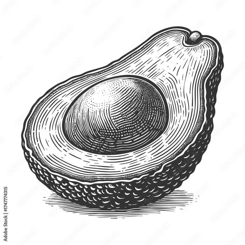 Wall mural halved avocado with visible seed, showing texture and natural detail in retro botanical style sketch