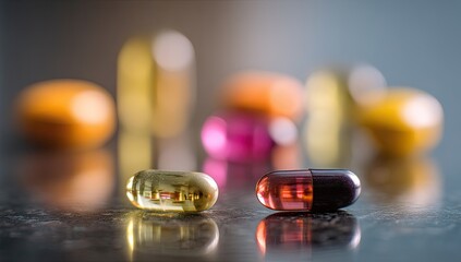 Close-up of various colorful pills and capsules on a dark surface, soft focus