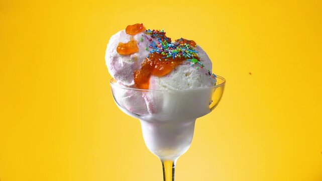 Scoops of vanilla ice cream in a glass, sprinkled with sweets, slowly rotate against a brightly colored background.