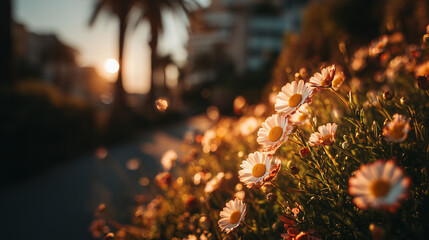 White daisies by a roadside at sunset with palm silhouettes and a blurred house background, conveying summer warmth, romance and serene evening atmosphere.