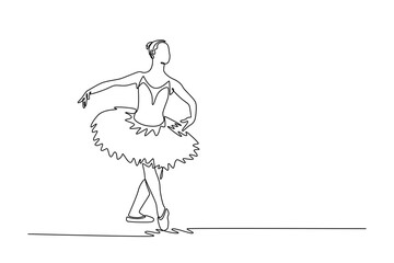 Single continuous line drawing ballerina in tutu, balancing en pointe with her arms extended wide in cross-legged position, classical elegance. Dynamic one line draw graphic design vector illustration