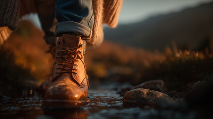 Close-up of a hiking leather boot stepping into a stream at sunset, symbolizing adventure, overcoming challenges and unity with nature in the golden hour.