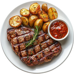 Steak potatoes and sauce on transparent background