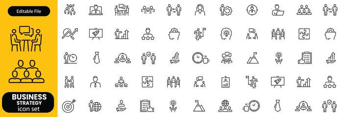 Business strategy set of web icons in line style. A collection of linear icon representing key business concepts, including market analysis, strategy, leadership, innovation, planning. Editable stroke