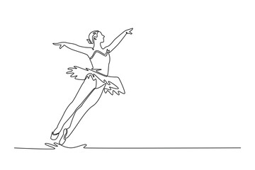 Single one line drawing ballerina in dynamic, forward-moving leap, with her arms and legs extended, fluidity, lightness of her movement. Modern continuous line draw design graphic vector illustration
