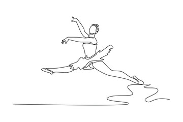Single one line drawing ballerina in mid-air pose, performing a powerful split leap with arms raised, dynamism and grace of the movement. Modern continuous line draw design graphic vector illustration