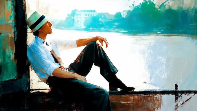 Person in hat and tie reclines by water in painterly style.