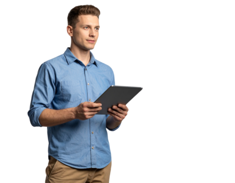 Property Hunter Standing with Tablet and Location Pin Icon, Three-Quarter View, PNG Isolated 