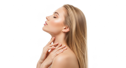 Young woman touching neck isolated on transparent background, relaxed and thoughtful pose