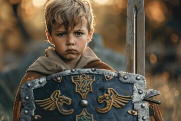 Serious child warrior holding sword and shield, ready for battle in a dramatic outdoor setting