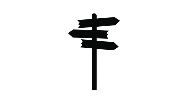 Black silhouette of a wooden directional signpost with three arrows pointing in different ways silhouette