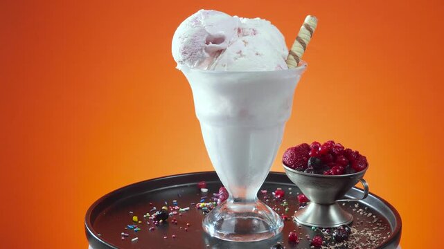 Scoops of vanilla ice cream slowly rotate against a brightly colored background.