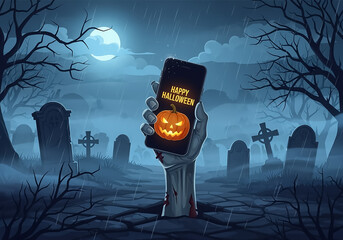 Zombiehand streckt Smartphone aus dem Friedhof, Happy Halloween Text